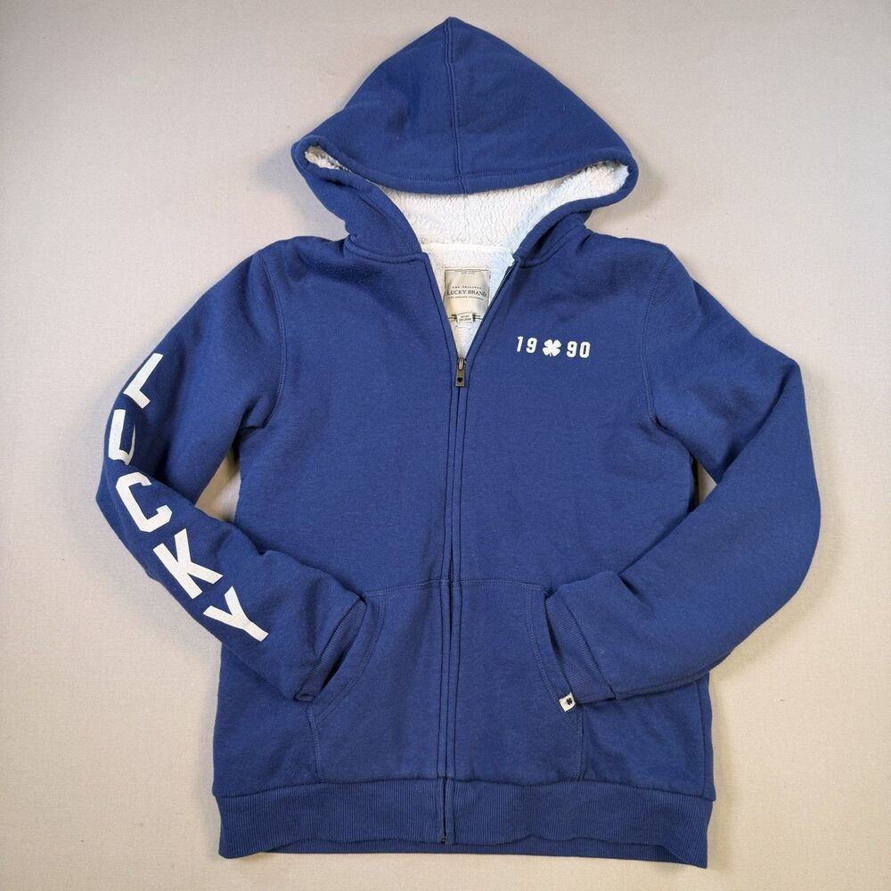 Lucky Brand Hoodie Youth Large 14/16 Navy Sherpa Lined Zip Sweatshirt 1980